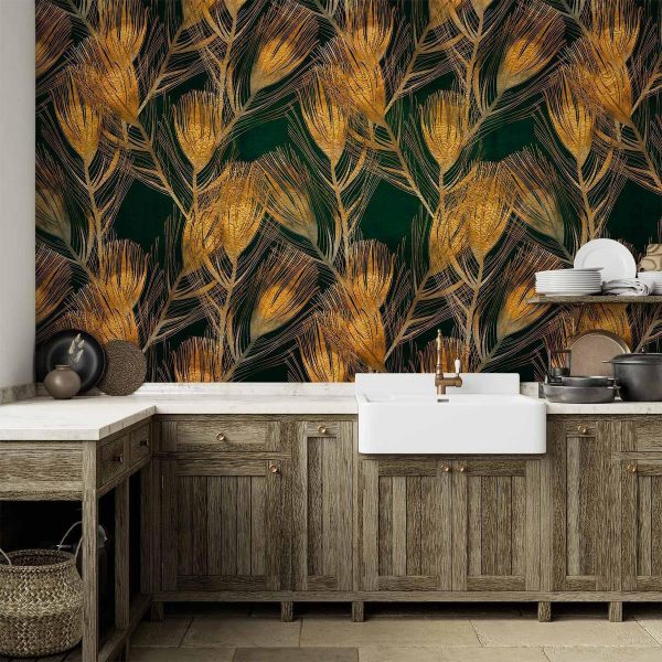Wall Mural - Golden peacock feathers - solid background with bird pattern on green background