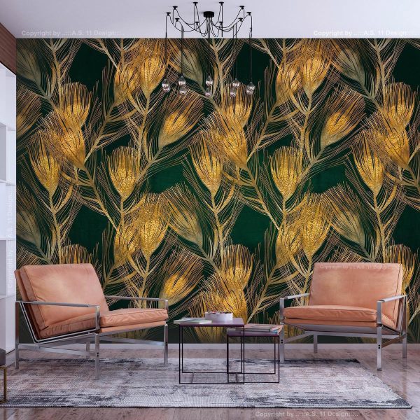 Wall Mural - Golden peacock feathers - solid background with bird pattern on green background