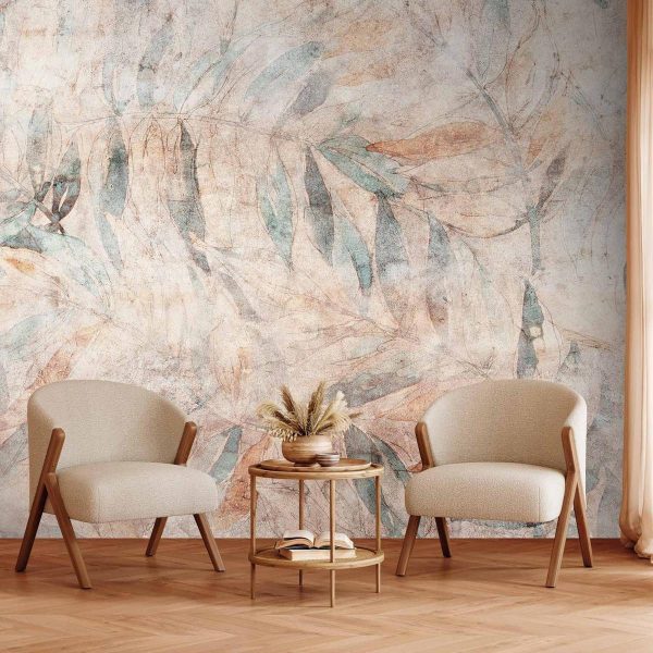 Wall Mural - Greek laurels - faded composition with leaves on a beige patterned background