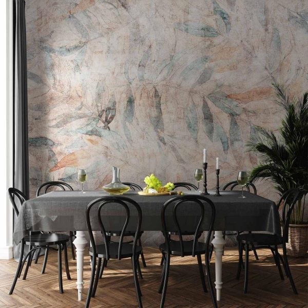 Wall Mural - Greek laurels - faded composition with leaves on a beige patterned background