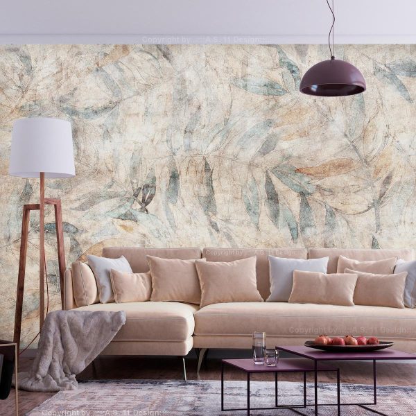 Wall Mural - Greek laurels - faded composition with leaves on a beige patterned background