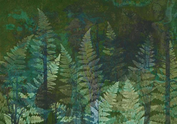 Wall Mural - Green abstraction in the forest - fern leaves in the trunks with patterns