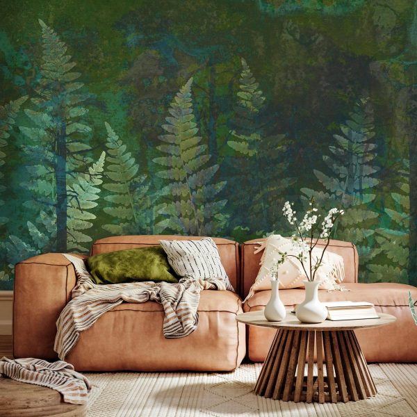 Wall Mural - Green abstraction in the forest - fern leaves in the trunks with patterns