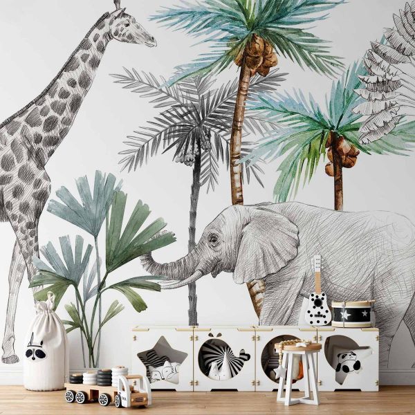 Wall Mural - Jungle Animals Wallpaper for Children's Room in Cartoon Style