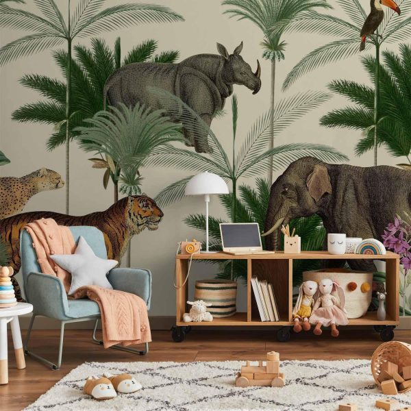 Wall Mural Wallpaper - Jungle Land With Animals in the Style of Old Engravings