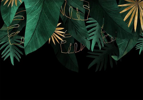 Wall Mural Wallpaper - Jungle and composition - motif of green and golden leaves on a black background - Image 5