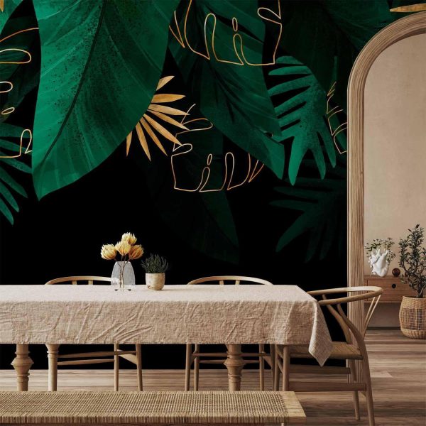 Wall Mural Wallpaper - Jungle and composition - motif of green and golden leaves on a black background - Image 2