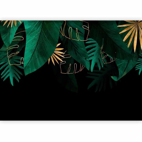 Wall Mural Wallpaper - Jungle and composition - motif of green and golden leaves on a black background - Image 4