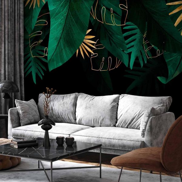Wall Mural Wallpaper - Jungle and composition - motif of green and golden leaves on a black background