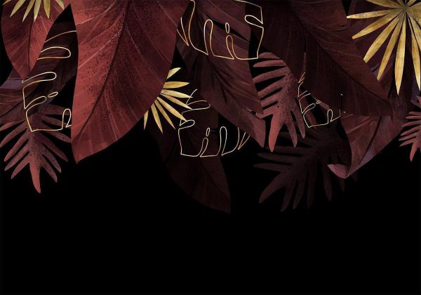 Wall Mural - Jungle and composition - red and gold leaf motif on black background