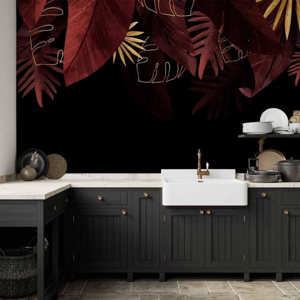 Wall Mural - Jungle and composition - red and gold leaf motif on black background