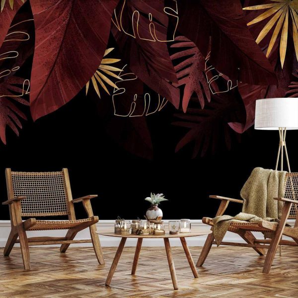 Wall Mural - Jungle and composition - red and gold leaf motif on black background