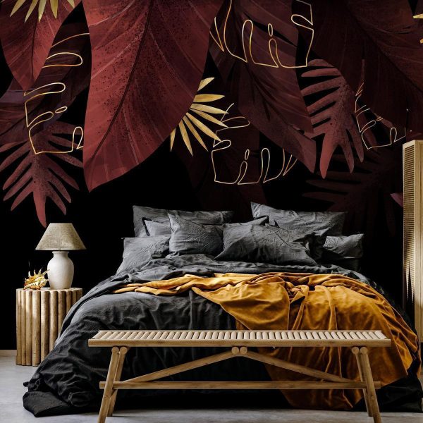 Wall Mural - Jungle and composition - red and gold leaf motif on black background
