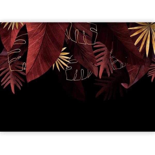 Wall Mural - Jungle and composition - red and gold leaf motif on black background