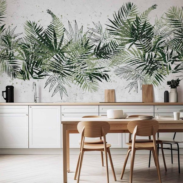 Wall Mural - Jungle and green plume - large tropical leaves on a white background