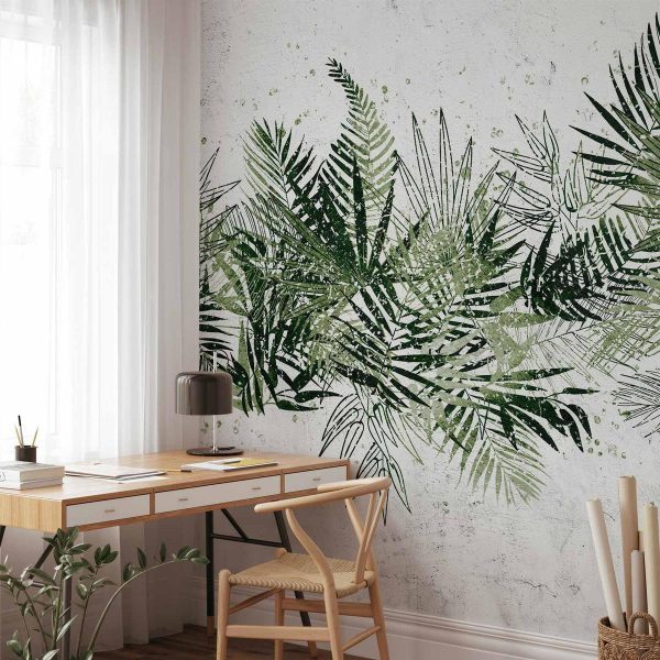 Wall Mural - Jungle and green plume - large tropical leaves on a white background