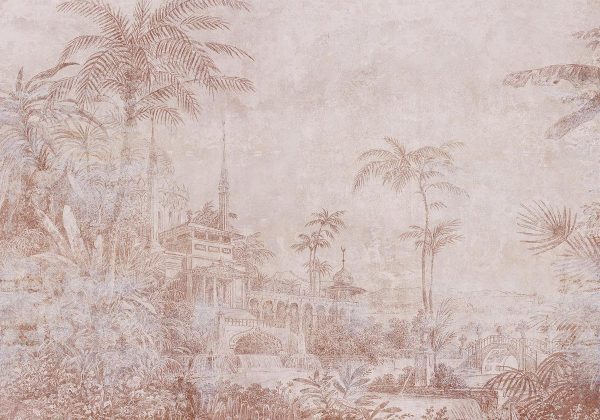 Wall Mural - Landscape with temple - engraving of Indian architecture with palm trees