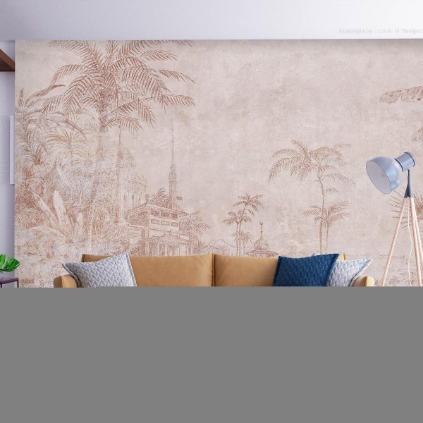 Wall Mural - Landscape with temple - engraving of Indian architecture with palm trees