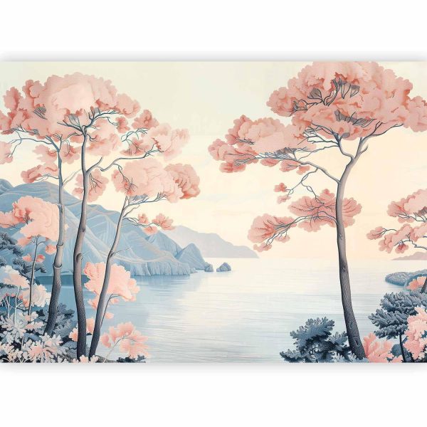 Wall Mural - Landscape with the Ocean Cliffs and Trees in Delicate Pink Shades - Image 4