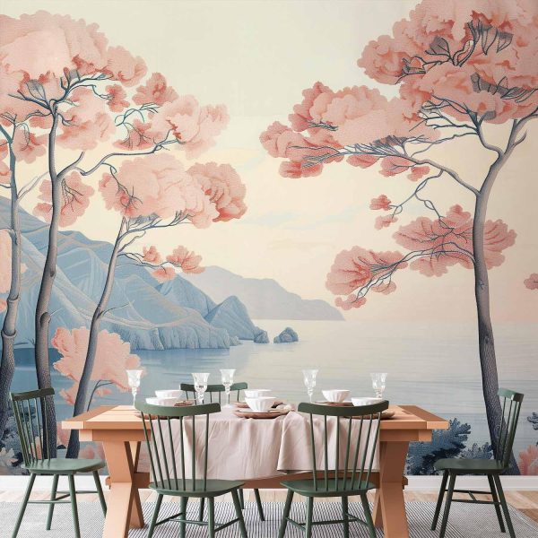 Wall Mural - Landscape with the Ocean Cliffs and Trees in Delicate Pink Shades - Image 2