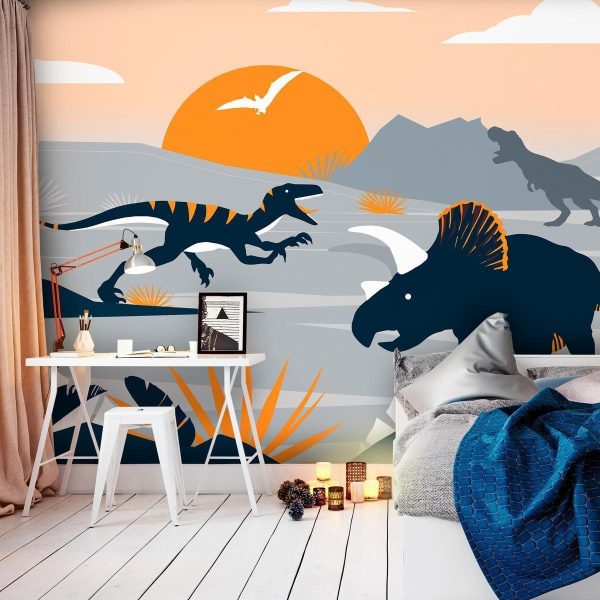 Wall Mural - Last dinosaurs with orange - abstract landscape for a room