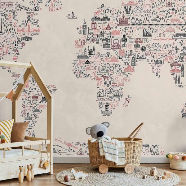 Wall Mural - Map With Icons - Cartoon Representation of the World in Pastel Colours