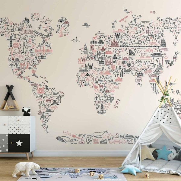 Wall Mural - Map With Icons - Cartoon Representation of the World in Pastel Colours