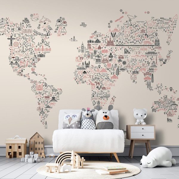 Wall Mural - Map With Icons - Cartoon Representation of the World in Pastel Colours