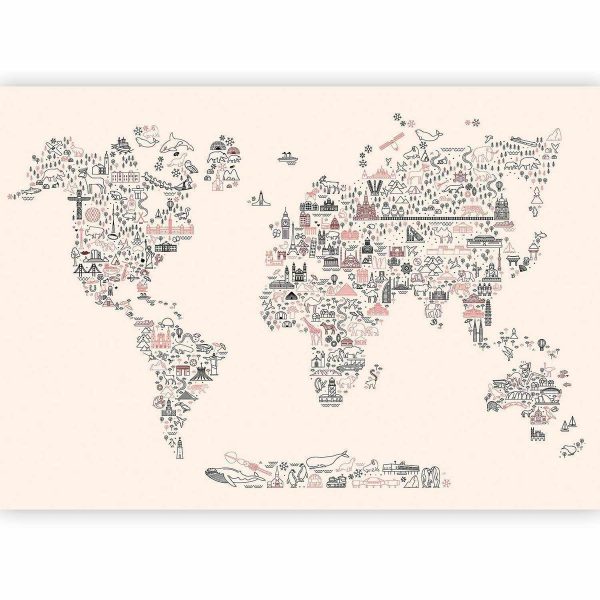 Wall Mural - Map With Icons - Cartoon Representation of the World in Pastel Colours