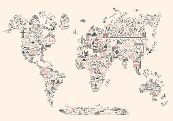 Wall Mural - Map With Icons - Cartoon Representation of the World in Pastel Colours
