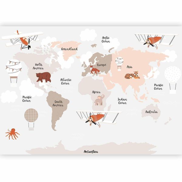 Wall Mural Wallpaper - Map in Shades of Beige - Continents With Animals - Image 5