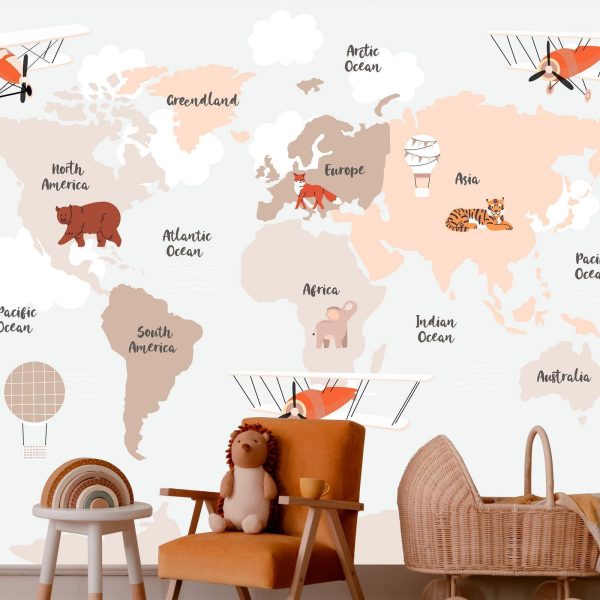 Wall Mural Wallpaper - Map in Shades of Beige - Continents With Animals - Image 3