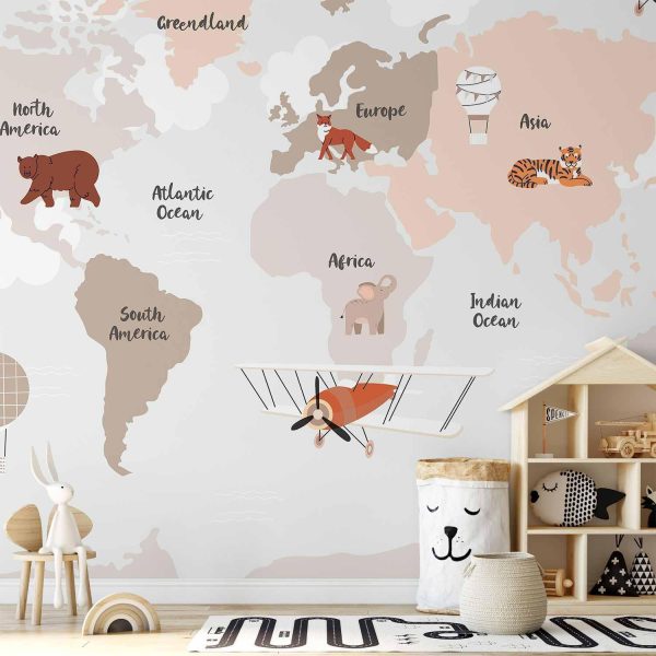 Wall Mural Wallpaper - Map in Shades of Beige - Continents With Animals