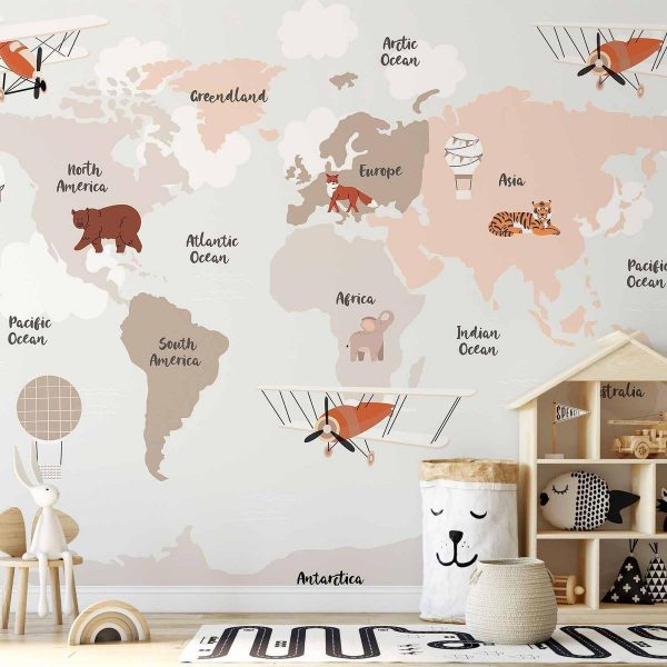 Wall Mural - Map in Shades of Beige - Continents With Animals