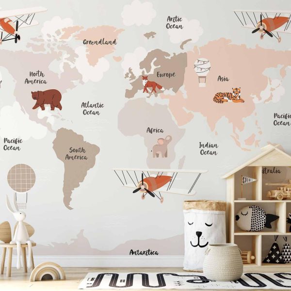Wall Mural Wallpaper - Map in Shades of Beige - Continents With Animals - Image 2