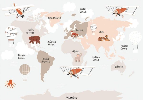 Wall Mural - Map in Shades of Beige - Continents With Animals