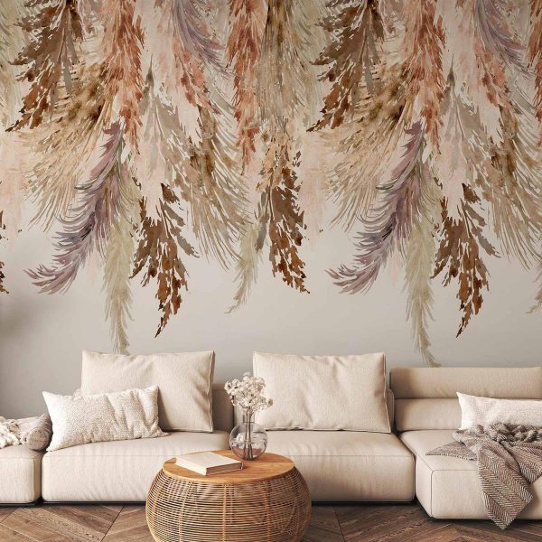 Wall Mural - Minimalist boho landscape - dangling leaves in beige colours