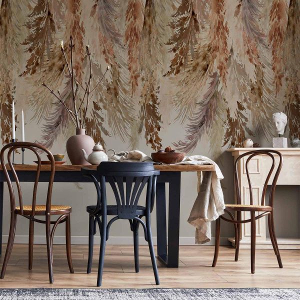 Wall Mural - Minimalist boho landscape - dangling leaves in beige colours