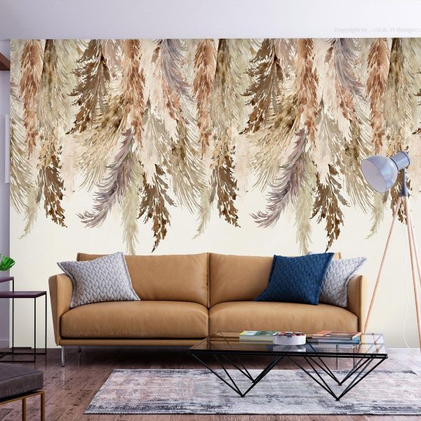 Wall Mural - Minimalist boho landscape - dangling leaves in beige colours