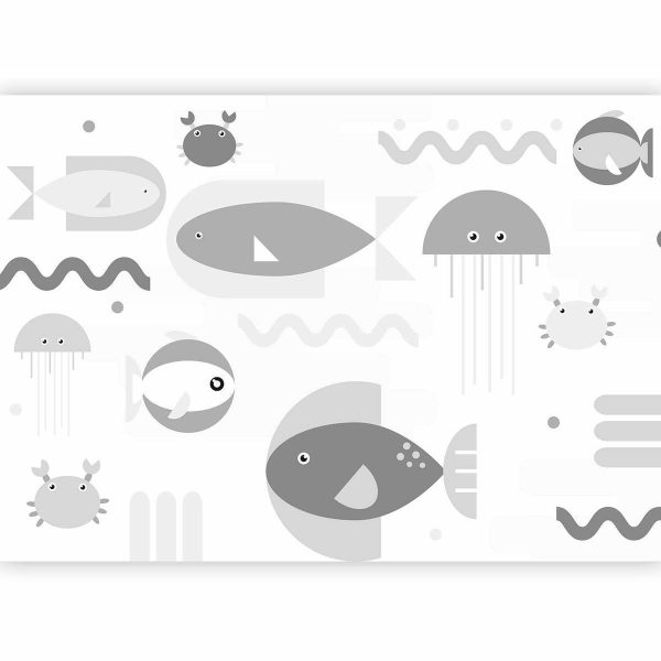 Wall Mural - Minimalist grey ocean - geometric fish in water for children