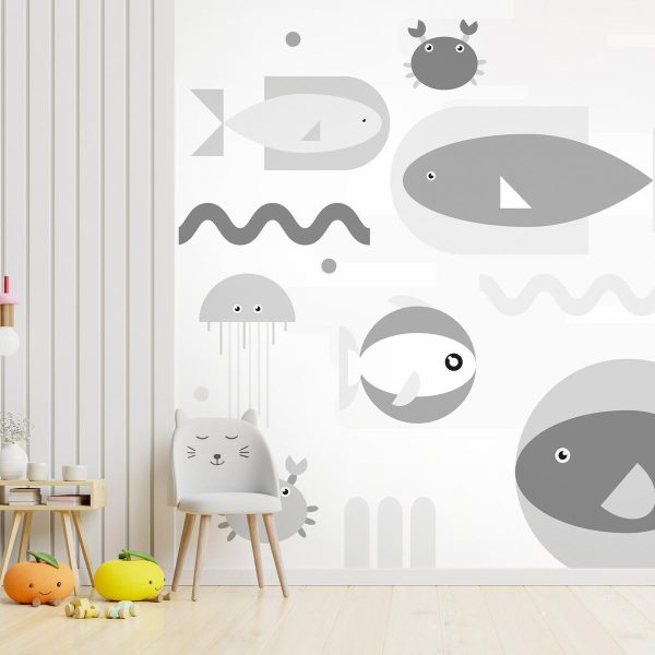 Wall Mural - Minimalist grey ocean - geometric fish in water for children