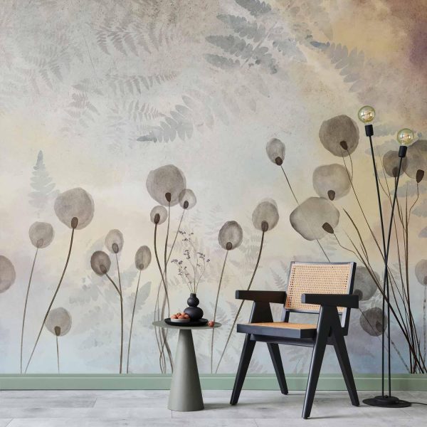 Wall Mural - Minimalist meadow - floral motif in light shades with reflections