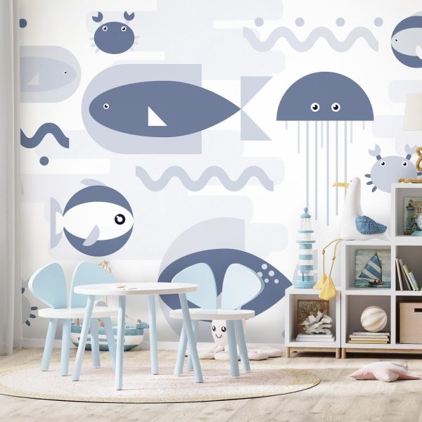 Wall Mural Wallpaper - Minimalist ocean - geometric fish and crabs in water for kids - Image 3