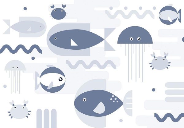 Wall Mural - Minimalist ocean - geometric fish and crabs in water for kids