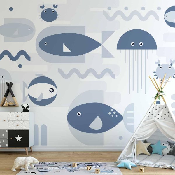 Wall Mural Wallpaper - Minimalist ocean - geometric fish and crabs in water for kids - Image 2