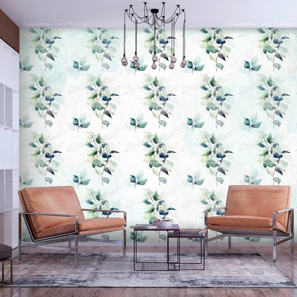 Wall Mural - Mint nature - uniform pattern in floral motif with green leaves