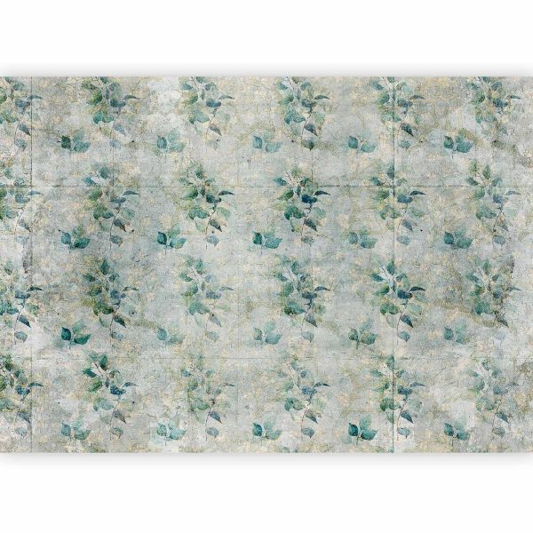 Wall Mural - Mint tones - green leaf bouquets on a retro patterned background