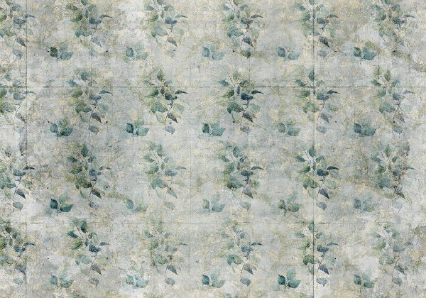 Wall Mural - Mint tones - green leaf bouquets on a retro patterned background