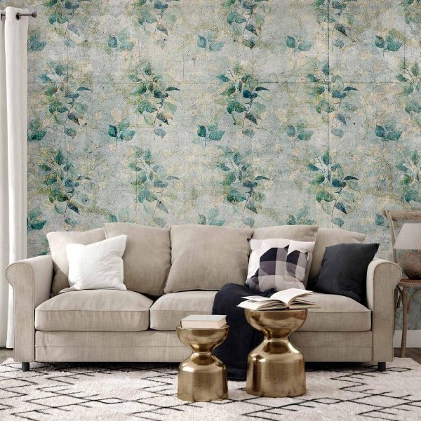 Wall Mural - Mint tones - green leaf bouquets on a retro patterned background