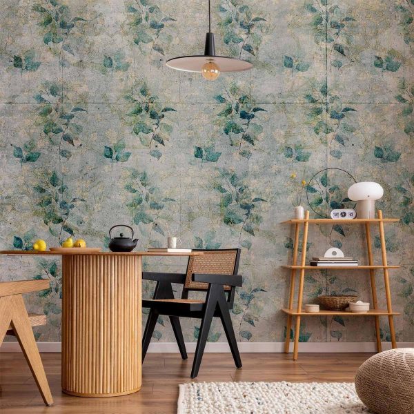 Wall Mural - Mint tones - green leaf bouquets on a retro patterned background